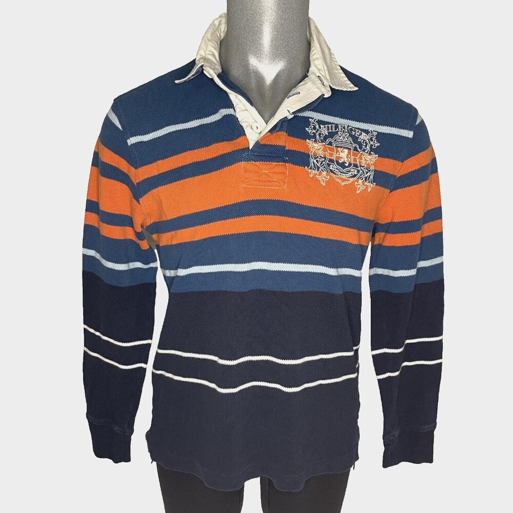Vintag Y2k Tommy Hilfiger sz Med Stripe Rugby L/S Shirt Polo Orange Blue w Crest